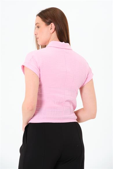 Müslin Cep Baskılı Cepli Gömlek Pembe