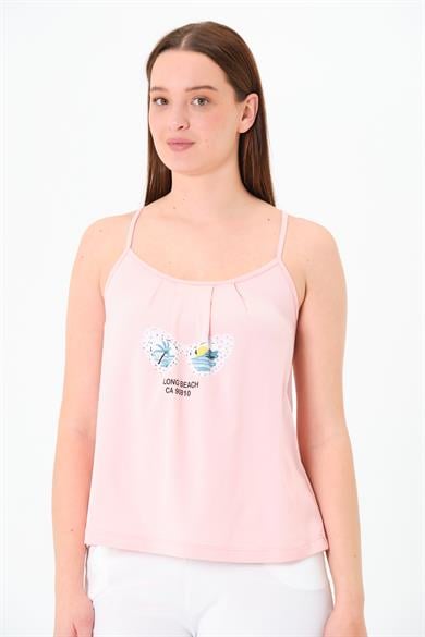 Ön Baskı  Büzgülü Atlet Pembe