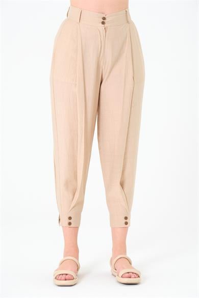 Paça Düğmeli Pantolon Bej