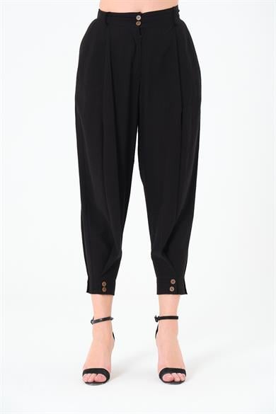 Paça Düğmeli Pantolon Siyah