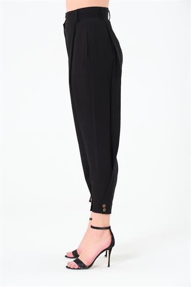 Paça Düğmeli Pantolon Siyah