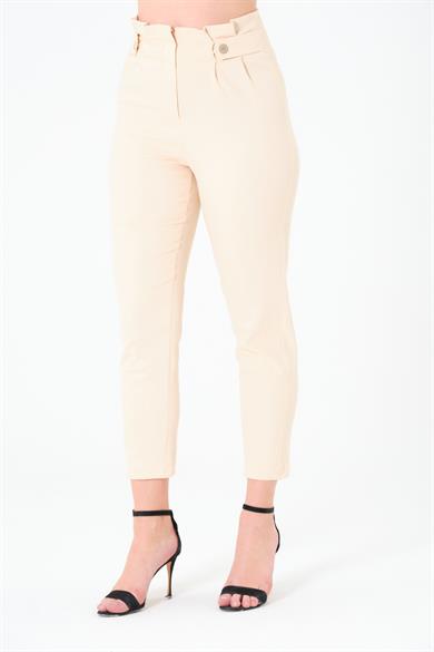 Pileli Gabardin Pantolon Açık Bej