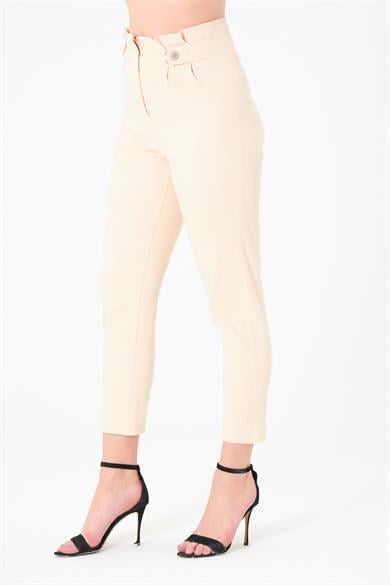 Pileli Gabardin Pantolon Açık Bej