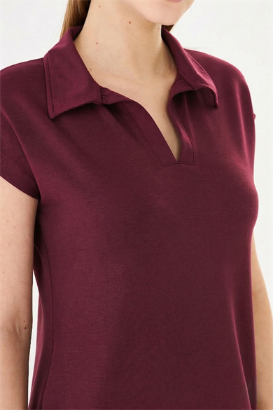Polo Yaka Cepli Rahat Kesim Modal Elbise Bordo