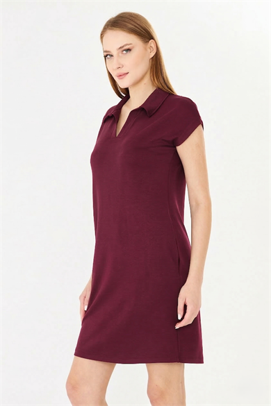 Polo Yaka Cepli Rahat Kesim Modal Elbise Bordo