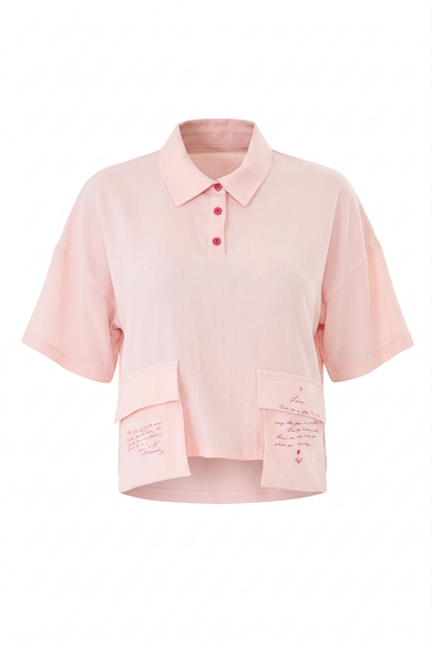 Polo Yaka Yazı Baskılı Cep Detaylı Crop Bluz Pudra