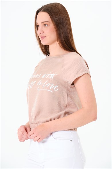 Reglan Kollu Yazı Baskılı Beli Lastikli Bluz Bej