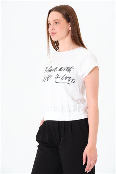 Reglan Kollu Yazı Baskılı Beli Lastikli Bluz Ekru