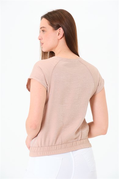 Reglan Kollu Yazı Baskılı Beli Lastikli Bluz Bej