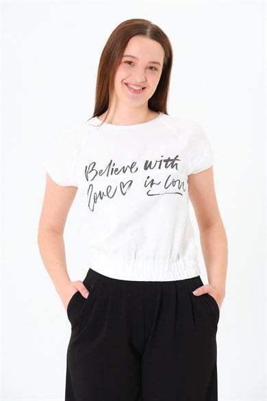 Reglan Kollu Yazı Baskılı Beli Lastikli Bluz Ekru