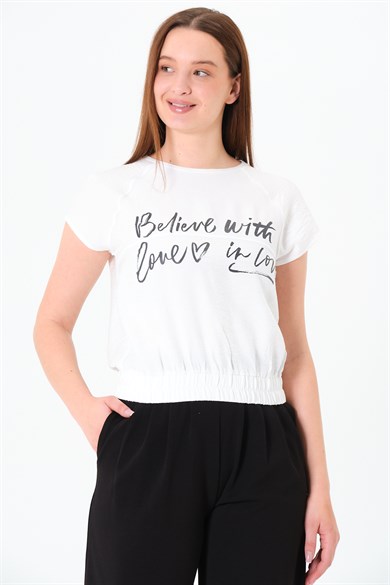 Reglan Kollu Yazı Baskılı Beli Lastikli Bluz Ekru