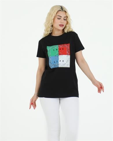 Şal Desenli Tshirt Siyah