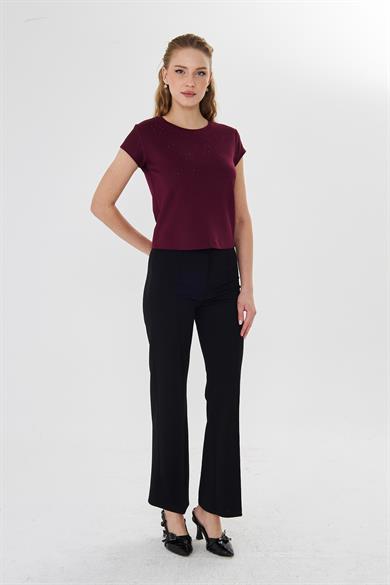 Serpme Taşlı Modal Tshirt Bordo