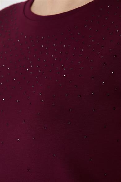 Serpme Taşlı Modal Tshirt Bordo