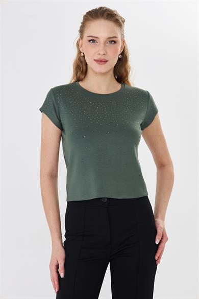 596 - Serpme Taşlı Tshirt Haki