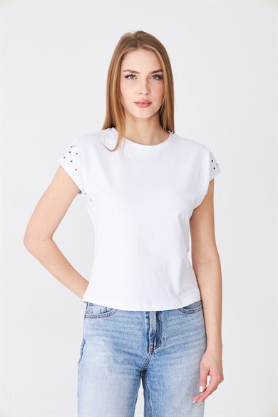 Taş Detaylı Düşük Kollu Rahat Kalıp Basic Tshirt Ekru