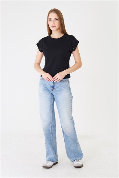 Taş Detaylı Düşük Kollu Rahat Kalıp Basic Tshirt Siyah