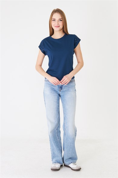 Taş Detaylı Düşük Kollu Rahat Kalıp Basic Tshirt İndigo