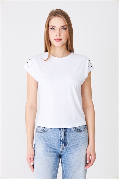 Taş Detaylı Düşük Kollu Rahat Kalıp Basic Tshirt Ekru