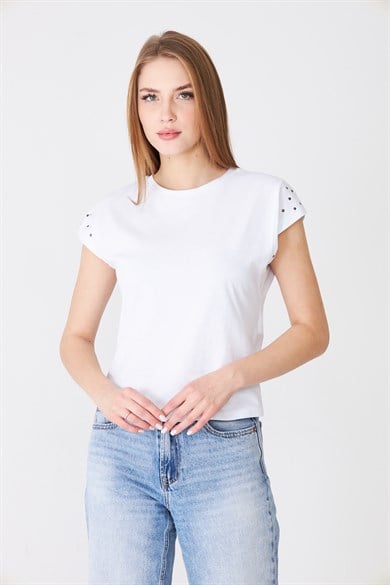 Taş Detaylı Düşük Kollu Rahat Kalıp Basic Tshirt Ekru