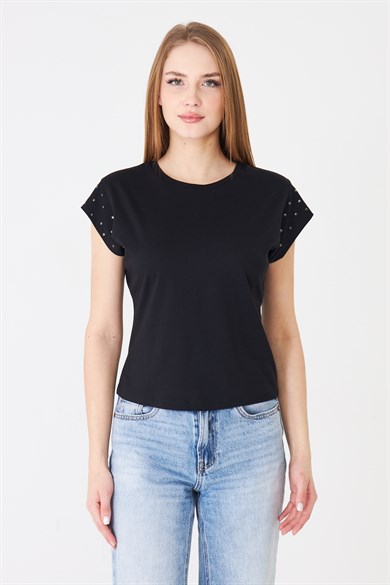 Taş Detaylı Düşük Kollu Rahat Kalıp Basic Tshirt Siyah