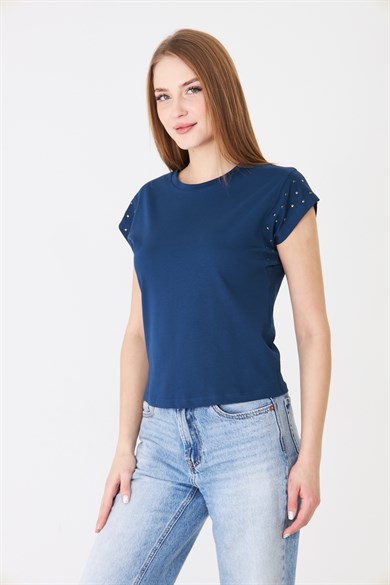 Taş Detaylı Düşük Kollu Rahat Kalıp Basic Tshirt İndigo