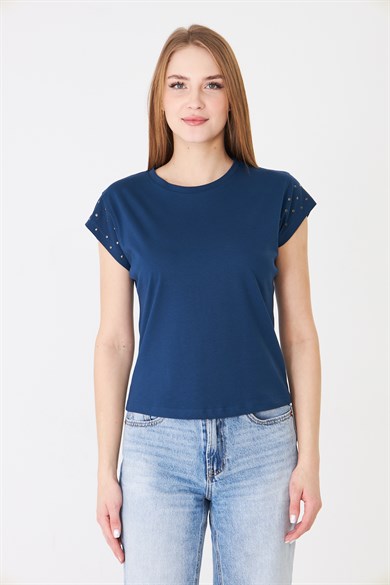 Taş Detaylı Düşük Kollu Rahat Kalıp Basic Tshirt İndigo