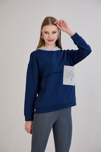 Triko Garnili Kapüşonlu  S-Shirt İndigo