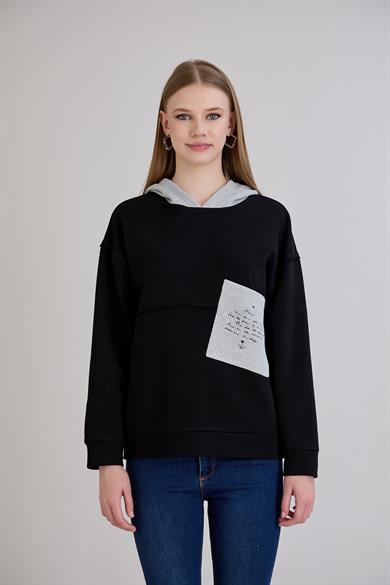 Triko Garnili Kapüşonlu  S-Shirt Siyah
