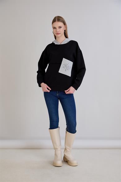 Triko Garnili Kapüşonlu  S-Shirt Siyah