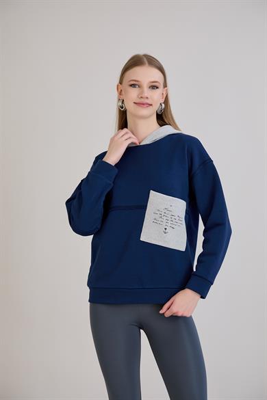 Triko Garnili Kapüşonlu  S-Shirt İndigo