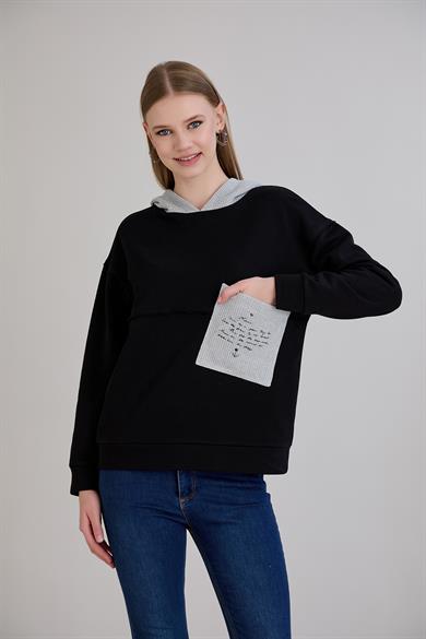 Triko Garnili Kapüşonlu  S-Shirt Siyah