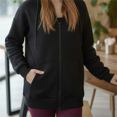 Üç İplik Kanguru Cepli Oversize Sweatshirt Siyah
