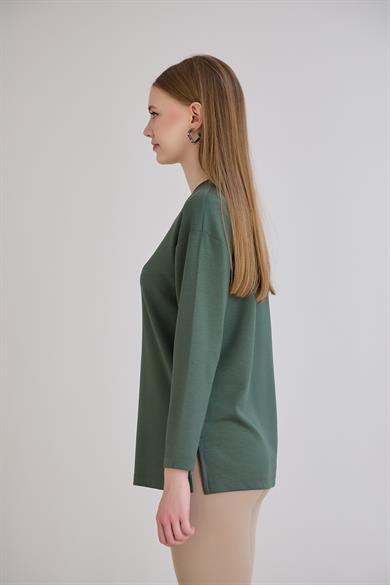 424 - U.Kol Yırtmaçlı Basic Tshirt Haki