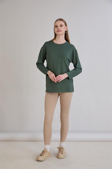 424 - U.Kol Yırtmaçlı Basic Tshirt Haki