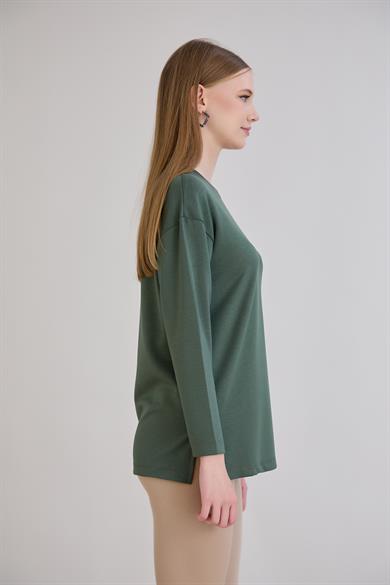 424 - U.Kol Yırtmaçlı Basic Tshirt Haki