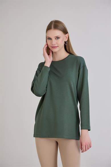 424 - U.Kol Yırtmaçlı Basic Tshirt Haki