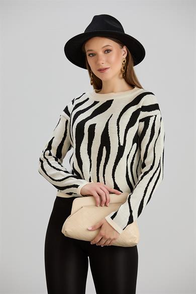 Zebra Desenli Kazak Ekru