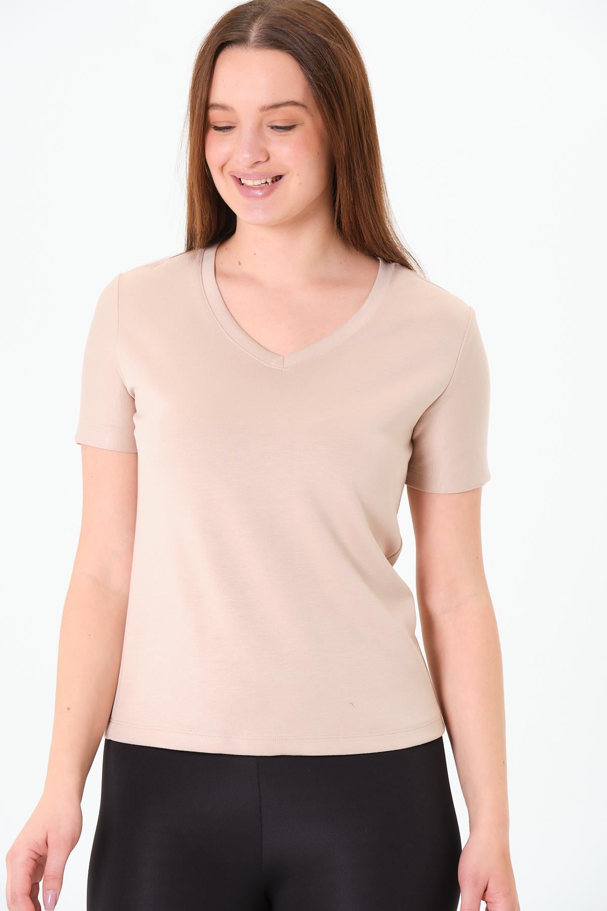  Sortie Collection218 - Modal  V  Yaka Tshirt Bej