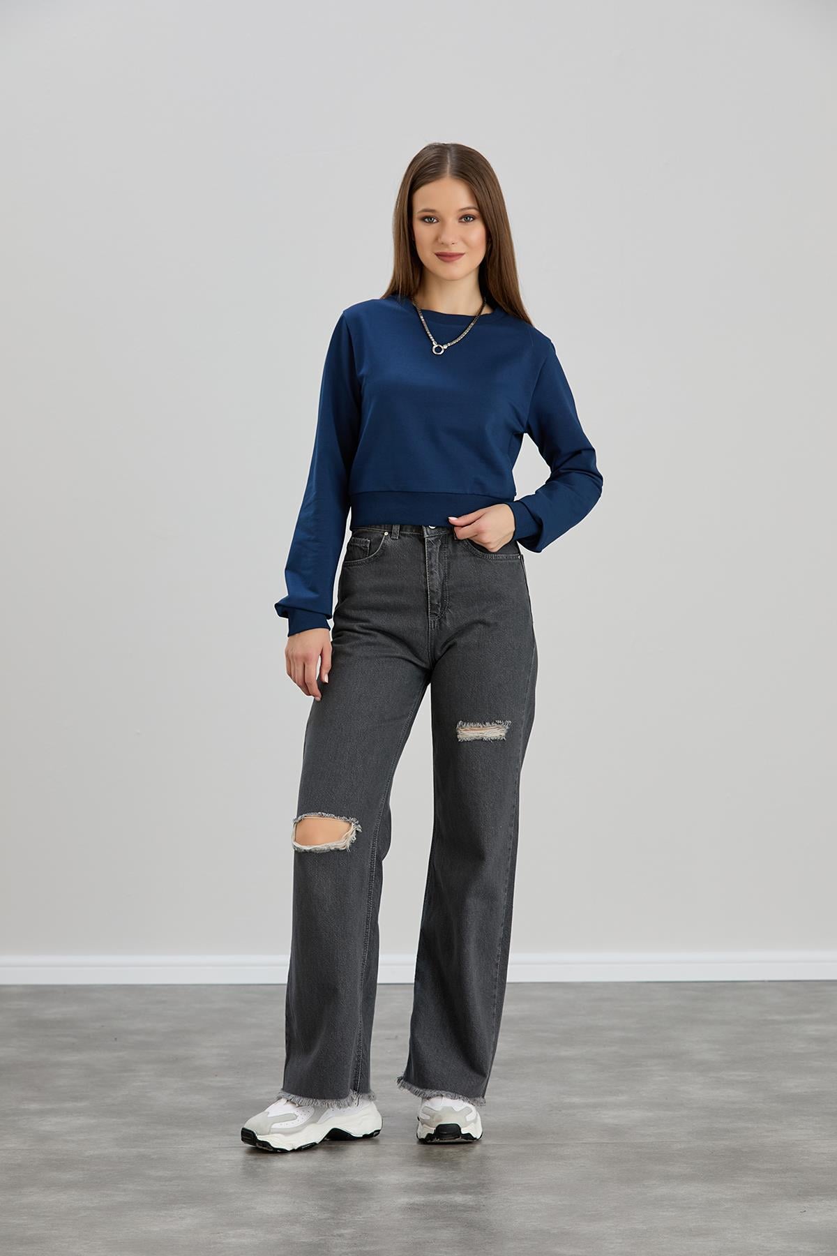 Sortie Collectionbisiklet yaka iki iplik crop swet İndigo