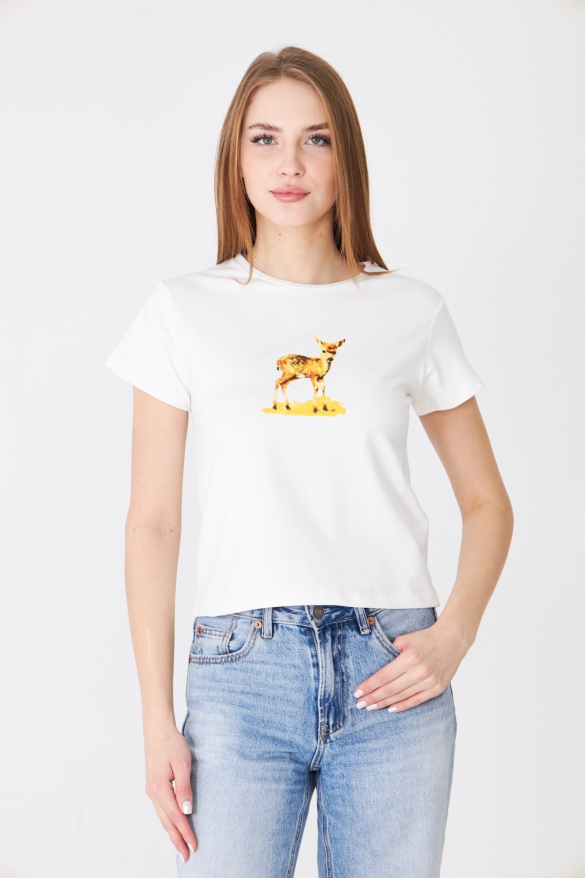  Sortie Collection680 - Geyik Baskılı T-Shirt Ekru
