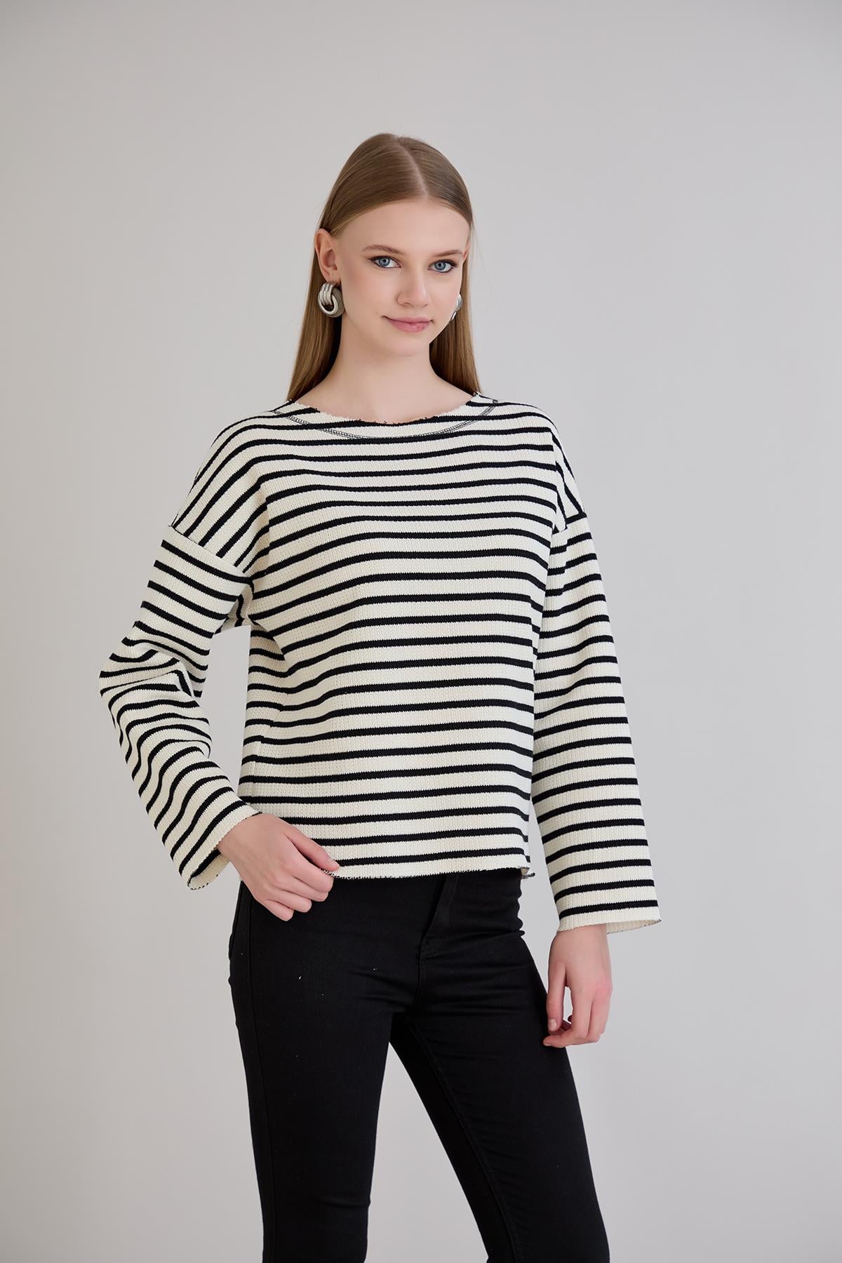 Sortie CollectionDikiş Detay Çizgili Sweatshirt Siyah