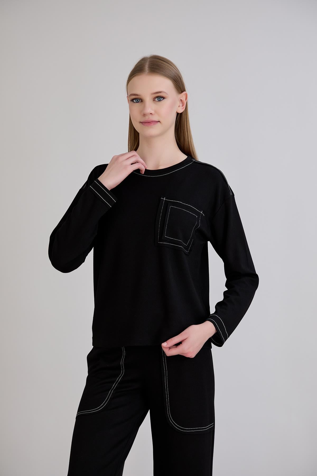 436-Pis Dikişli Modal Sweat Siyah