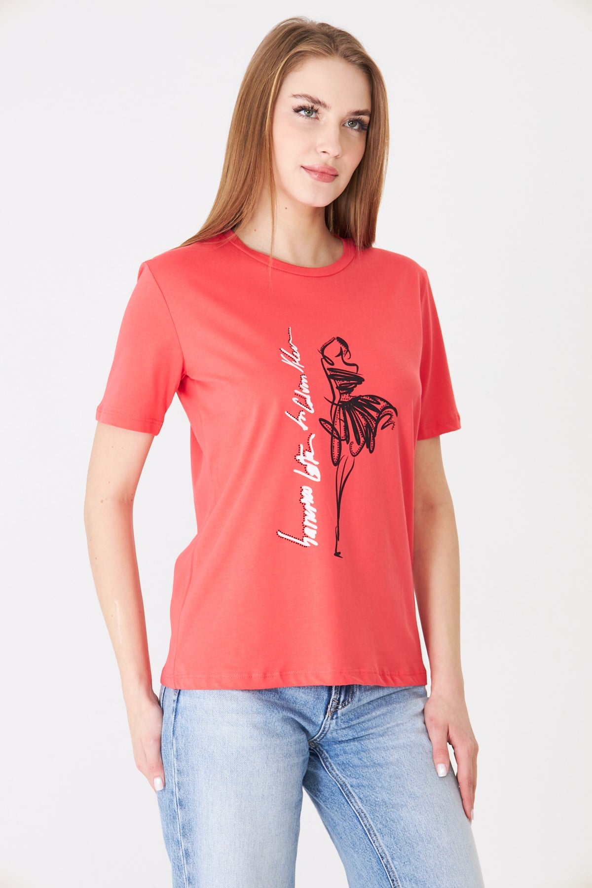  Sortie CollectionEteği Tül Detaylı Silüet Baskılı Basic Tshirt Mercan