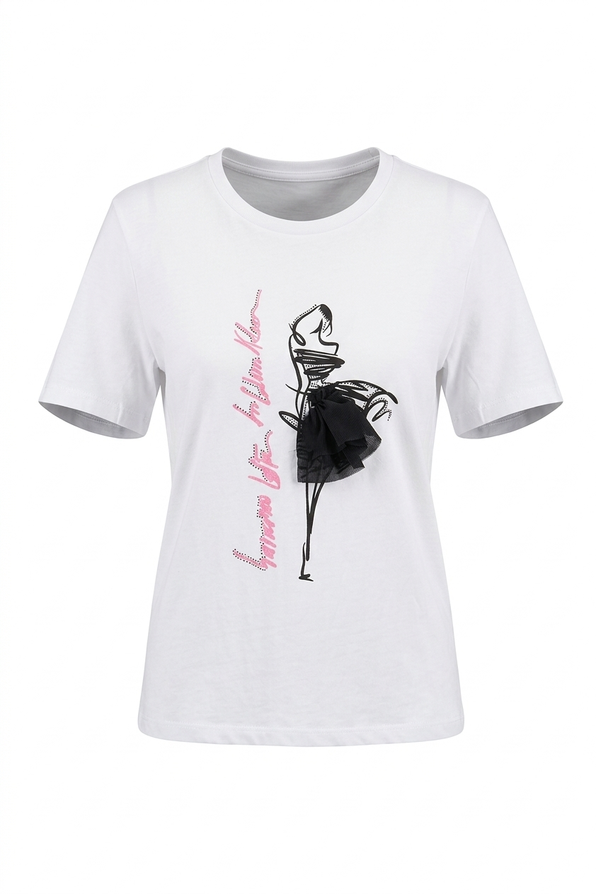  Sortie CollectionEteği Garnili Kız Baskılı Taşlı Tshirt Beyaz