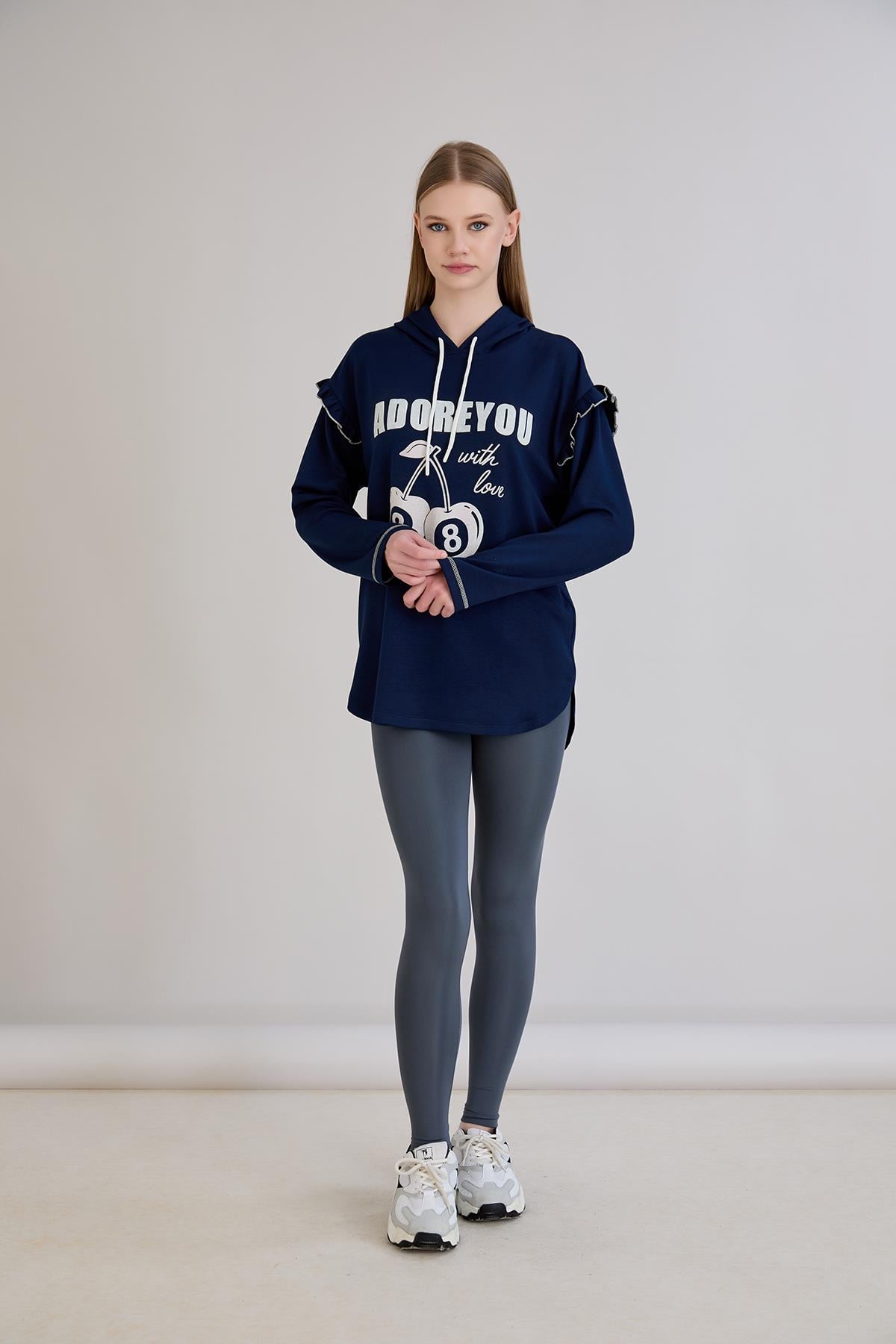 Sortie CollectionKiraz Baskılı Kapşonlu Sweatshirt İndigo