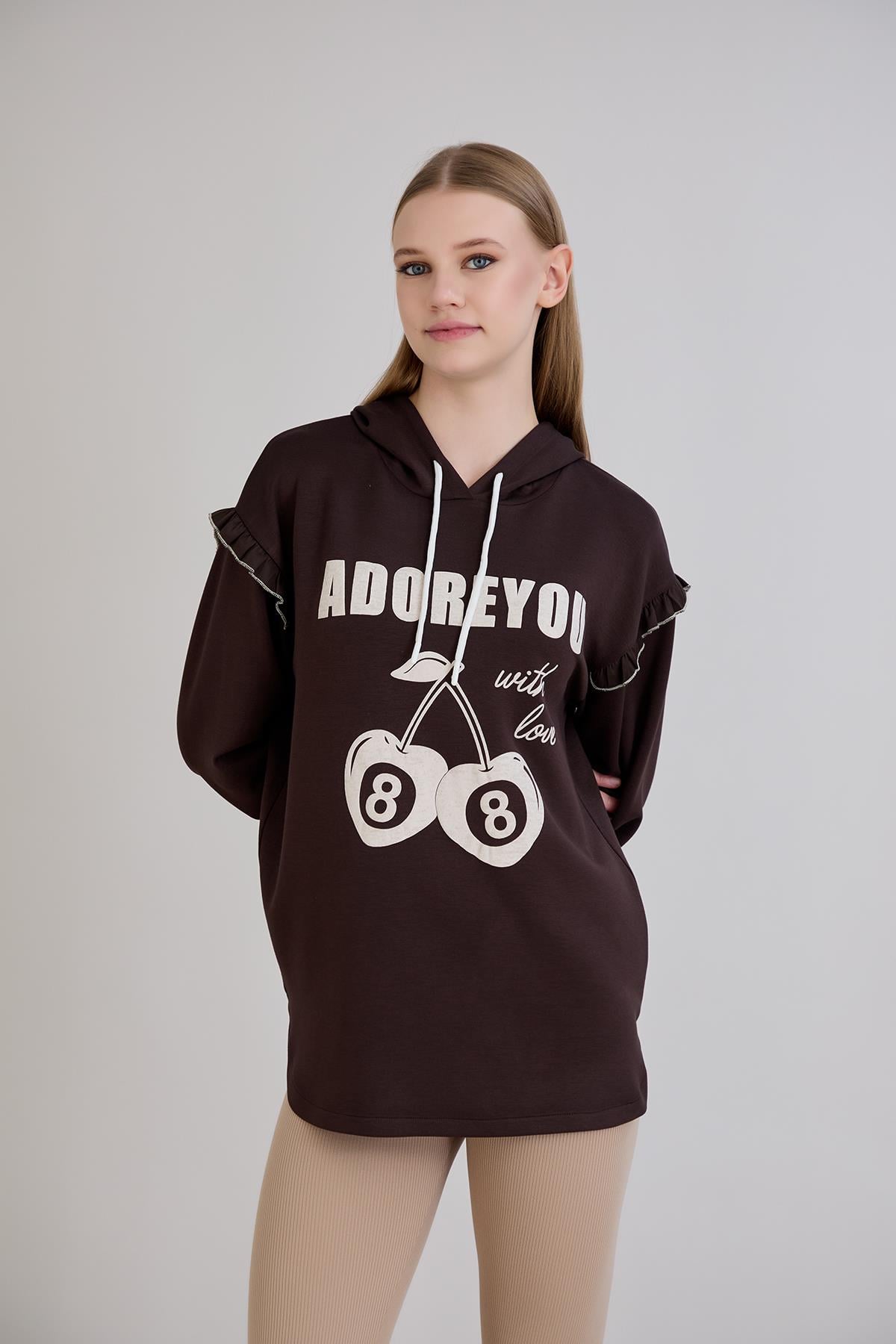 Sortie CollectionKiraz Baskılı Kapşonlu Sweatshirt Kahverengi