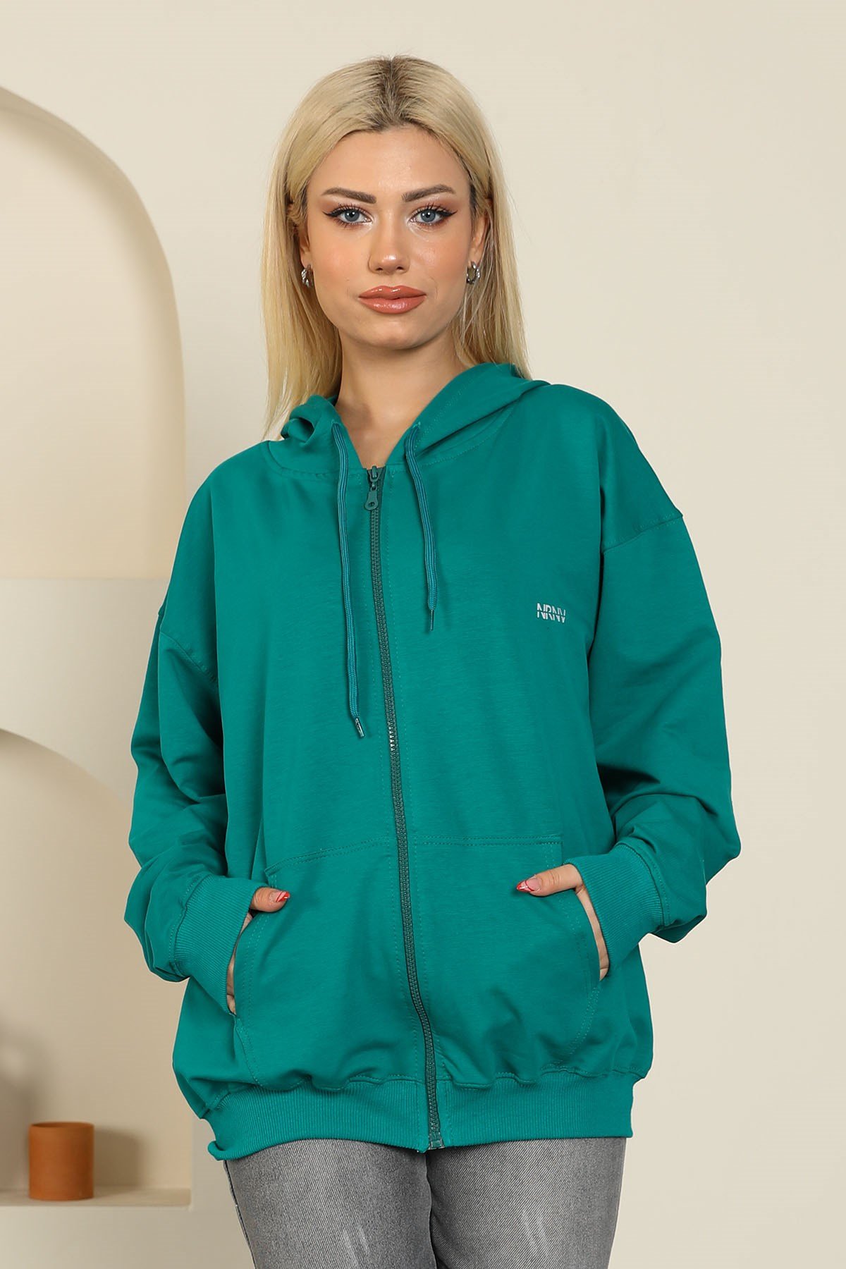 Oversize Model Fermuarl Sweatshirt Ye il