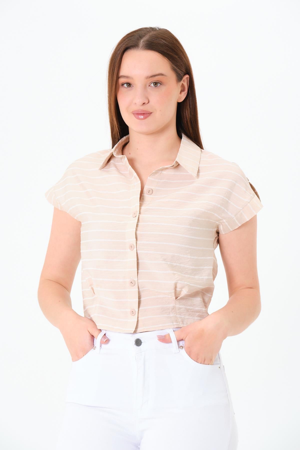 Sortie CollectionPileli Çizgili Gömlek Taş