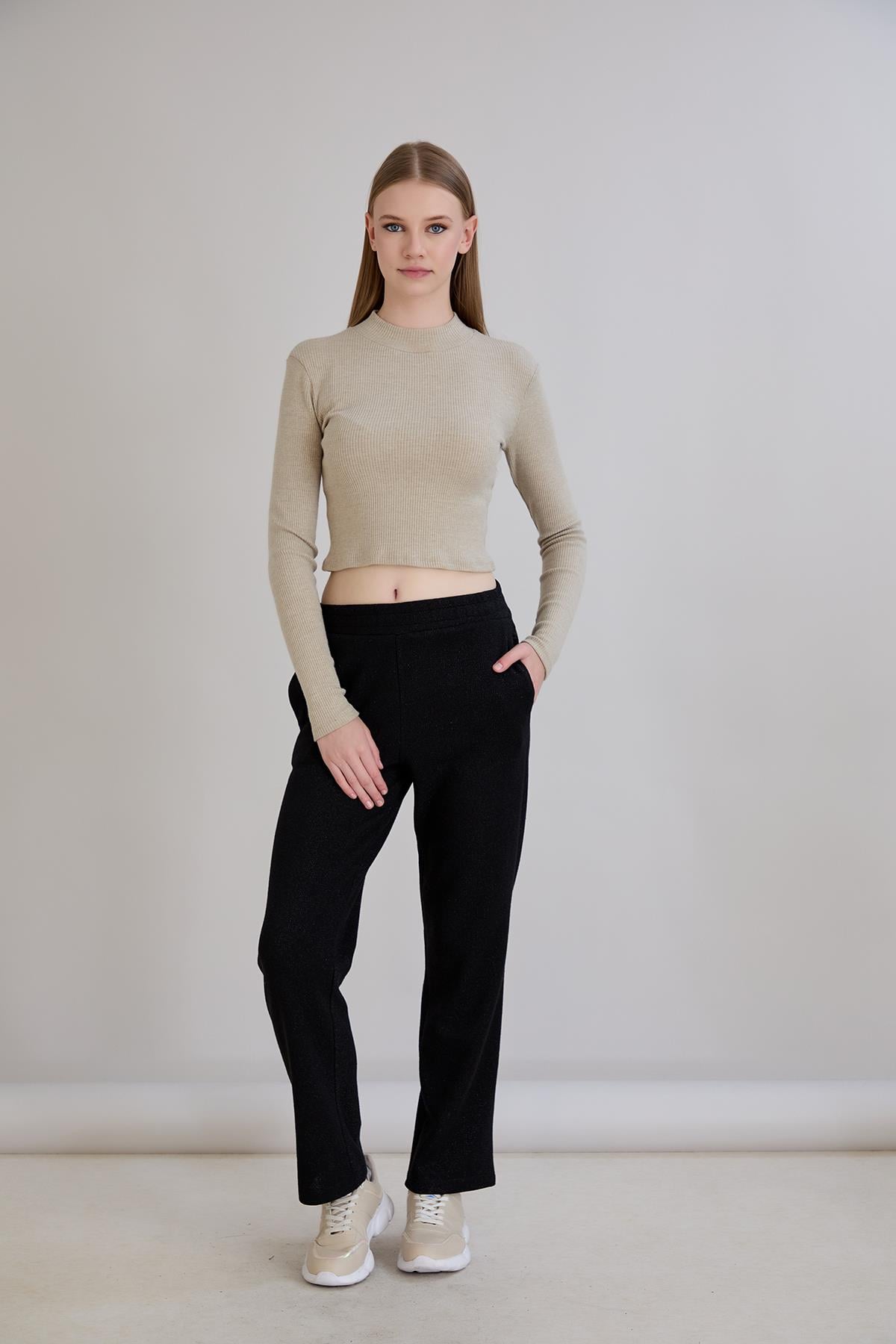 Sortie CollectionSimli Örme Pantolon Siyah